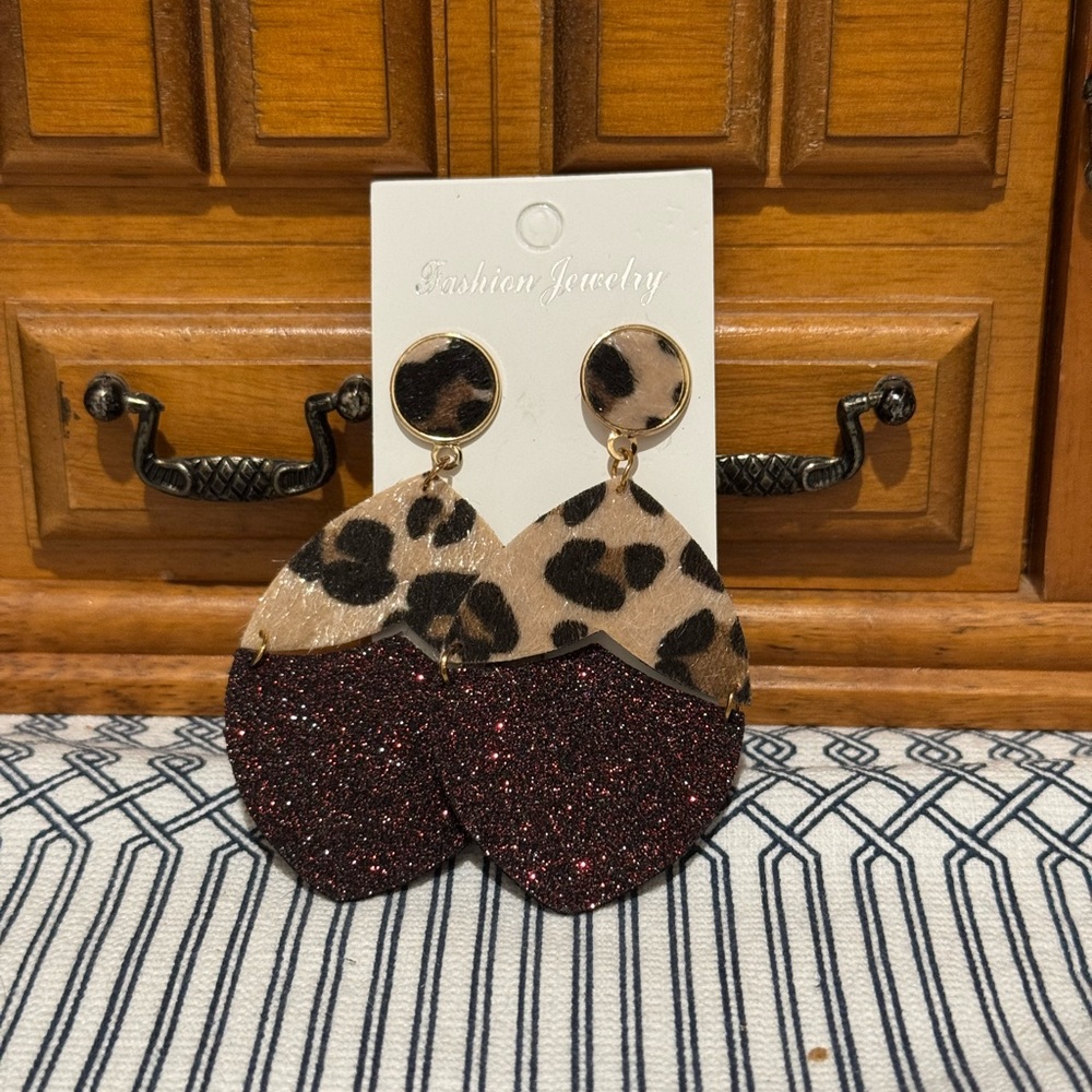 NWT Leopard Print and Dark Red Glitter Leather Drop Earrings